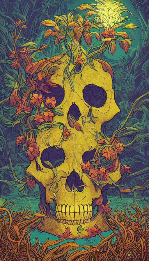 Image similar to The luminous island of the forgotten floral skull gods, italian futurism, da vinci, Dan Mumford, Josan Gonzalez