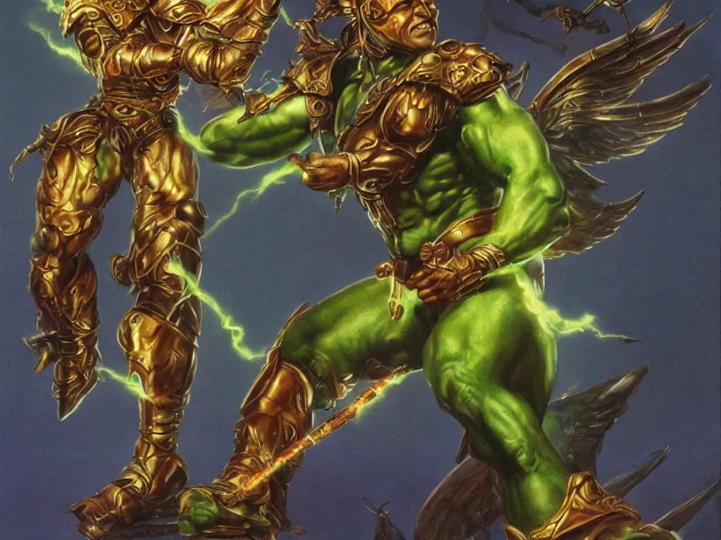 Prompt: full body portrait of a warrior with light armor in winged sandals holding a fireball. Shiny skin and detailed muscles. Original artwork by Boris Vallejo. Award winning, very detailed, dramatic lighting, green and brown color palette