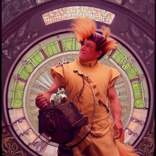 Prompt: channing tatum as an oompa loompa, fantasy, d & d, intricate, detailed, by by alphonse mucha, adolfo hohenstein, alice russell glenny, stanley artgerm lau, greg rutkowski, detailed, trending on artstation, trending on artstation, smooth