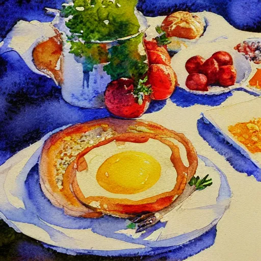 Image similar to impressionism watercolor painting of a large breakfast