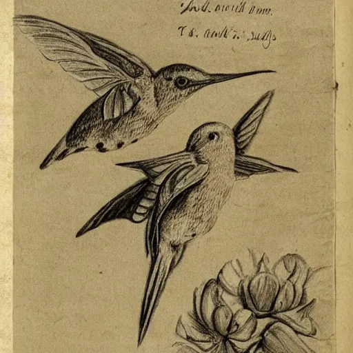 Prompt: an ancient book containing a humming bird drawing , worn out pages, baroque, sketch
