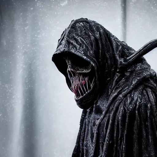 Image similar to photo taken of an epic intricate, ultra detailed, super realistic gritty, wet, slimy, lifelike sculpture of a nightmarish hellish humanoid hooded grim reaper, creature design created by weta workshop, menacing, some zoomed in shots, photorealistic, sharp focus, extremely cold blueish colour temperature, f 0. 4, full body shot