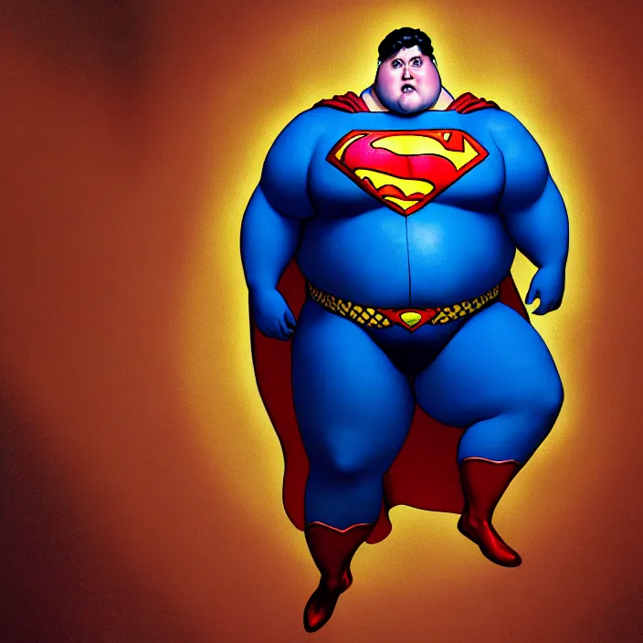 Image similar to hyperrealistic mixed media portrait of a a mordidly obese superman with his belly hanging out, stunning 3d render inspired art by P. Craig Russell and Barry Windsor-Smith + perfect facial symmetry + dim volumetric lighting, 8k octane beautifully detailed render, post-processing, extremely hyperdetailed, epic composition, grim yet sparkling atmosphere, cinematic lighting + masterpiece, trending on artstation