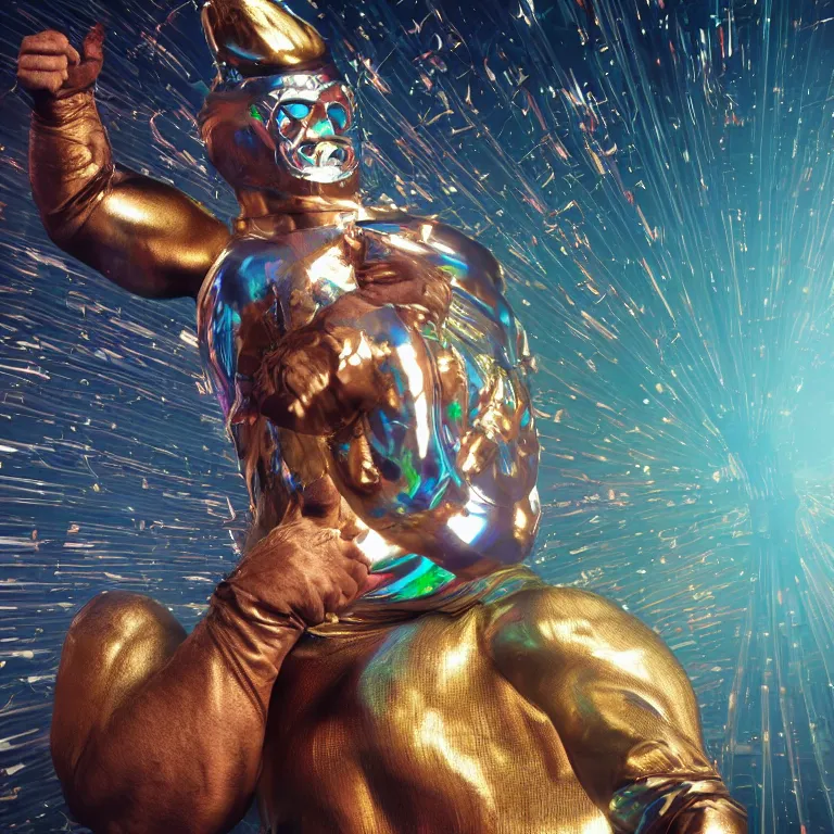 Prompt: octane render portrait by wayne barlow and carlo crivelli and glenn fabry, a giant muscular luchador wrestler wearing iridescent metallic pants and mask, leaping through the air inside a crowded rowdy arena, cinema 4 d, ray traced lighting, very short depth of field, bokeh