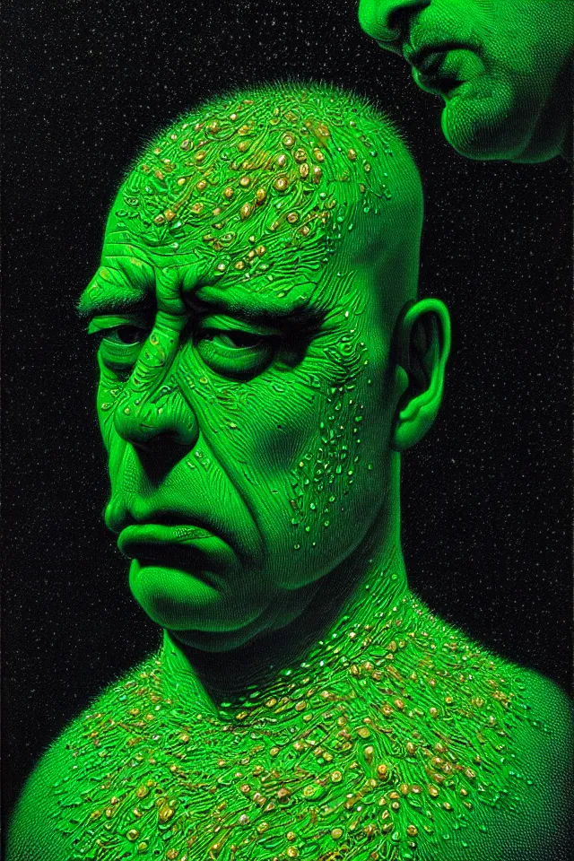 Image similar to bizarre green blacklight detailed renaissance portrait of homer simpson as a highly detailed realistic real life, dramatic cinematic lighting, 8 k, beautiful intricate painting by james r eads and tomasz alen kopera