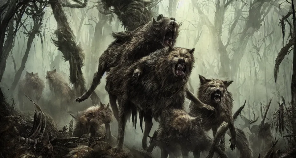 Prompt: an epic action concept masterpiece of a rabid wolfpack, in a forest made of nightmares, horrific digital art, extremely moody lighting, style of magali villeneuve