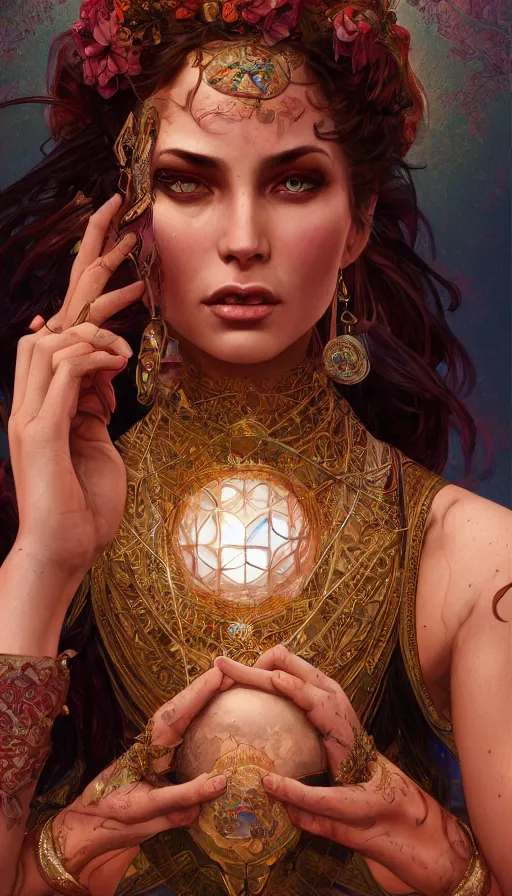 Prompt: fortune teller, passionate , seductive, sweaty, gypsy, insane, intricate, highly detailed, digital painting, artstation, concept art, smooth, sharp focus, illustration, Unreal Engine 5, 8K, art by artgerm and greg rutkowski and alphonse mucha