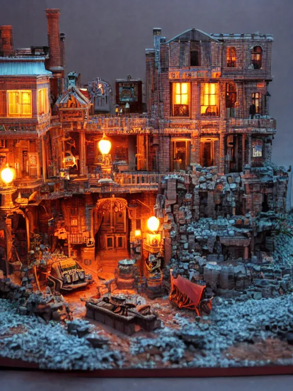 Image similar to mega detailed miniature voxel diorama steampunk workshop, victorian era, vintage architecture, clockwork technology, soft lights are on in the windows, dark night, fog, winter, blizzard, cozy and warm atmosphere, row of street lamps with demonic orange light, several ruins nearby, 1 8 5 0