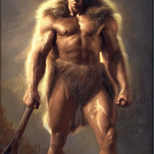 Prompt: handsome portrait of a spartan guy bodybuilder posing, wearing animal fur cape, radiant light, caustics, by gaston bussiere, bayard wu, greg rutkowski, giger, maxim verehin
