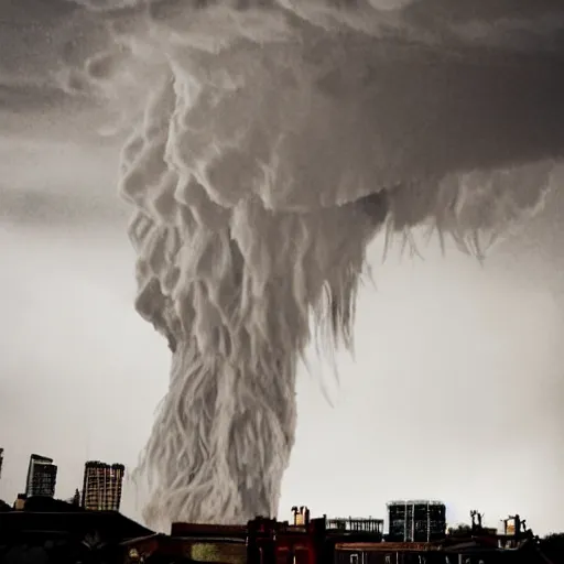 Prompt: photo of a tornado tearing through a steampunk city