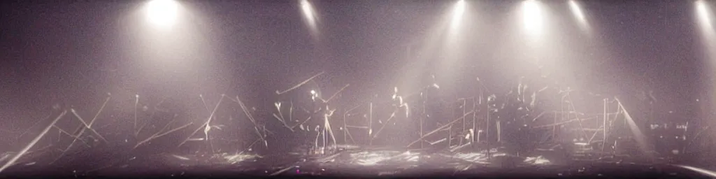 Image similar to dusty Trent Reznor smashing guitars, group of people on stage playing instruments, elaborate stage effects, dust, smoke, giant LED screens, colored projections, ultrafine detail, goth cybersuit, glowing thin wires, smoke, high contrast, projections, a screenshot by David Gilmour Blythe, holography, tesseract, volumetric lighting, anamorphic lens flare