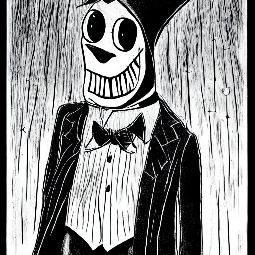 Image similar to a Pop Wonder scary horror themed goofy-hilarious-character babadook-wearing a scarf, 3-piece-suit, dime-store-comic drawn with charcoal and pen and ink, half-tone-line-stacking