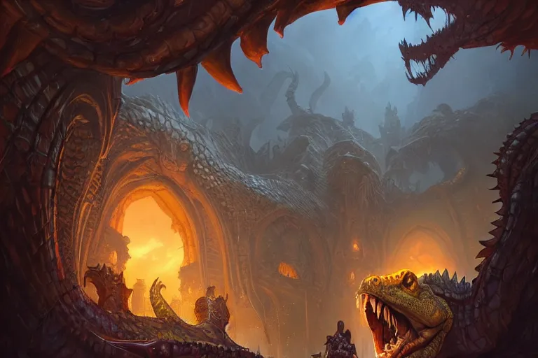 Image similar to crocodile god lair, dusk, deep focus, d & d, fantasy, intricate, elegant, highly detailed, digital painting, artstation, concept art, matte, sharp focus, illustration, hearthstone, art by artgerm and greg rutkowski and alphonse mucha