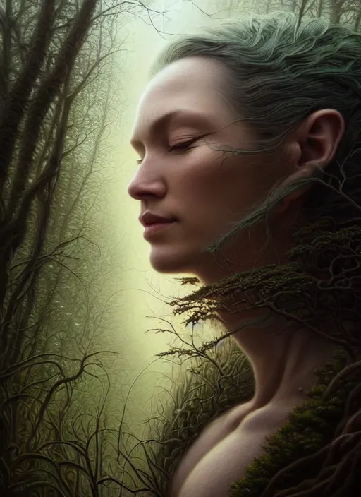 Prompt: closeup portrait shot of a meditation in nature in a scenic dystopian environment, intricate, elegant, highly detailed, centered, digital painting, artstation, concept art, smooth, sharp focus, illustration, artgerm, tomasz alen kopera, peter mohrbacher, donato giancola, joseph christian leyendecker, wlop, boris vallejo