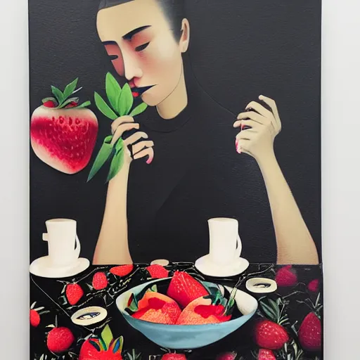 Image similar to “art in an Australian artist’s apartment, portrait of a woman wearing black silk cloth, eating luscious fresh raspberries and strawberries and blueberries, white wax, edible flowers, Japanese pottery, Australian native flannel flowers ikebana, black walls, acrylic and spray paint and oilstick on canvas”