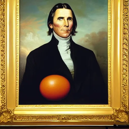 Prompt: a presidential painting of a president with no head, and only an orange sphere above his neck, played by christian bale