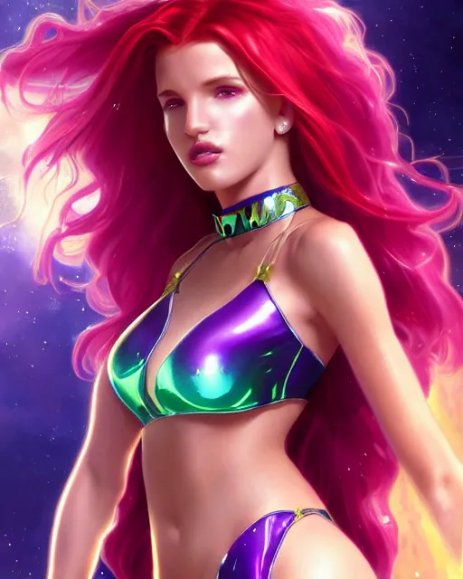 Image similar to ultra realistic photograph, bella thorne as starfire anime, shiny plastic bikini, intricate, elegant, highly detailed, digital painting, artstation, concept art, smooth, sharp focus, illustration, art by artgerm and greg rutkowski and alphonse mucha and wlop