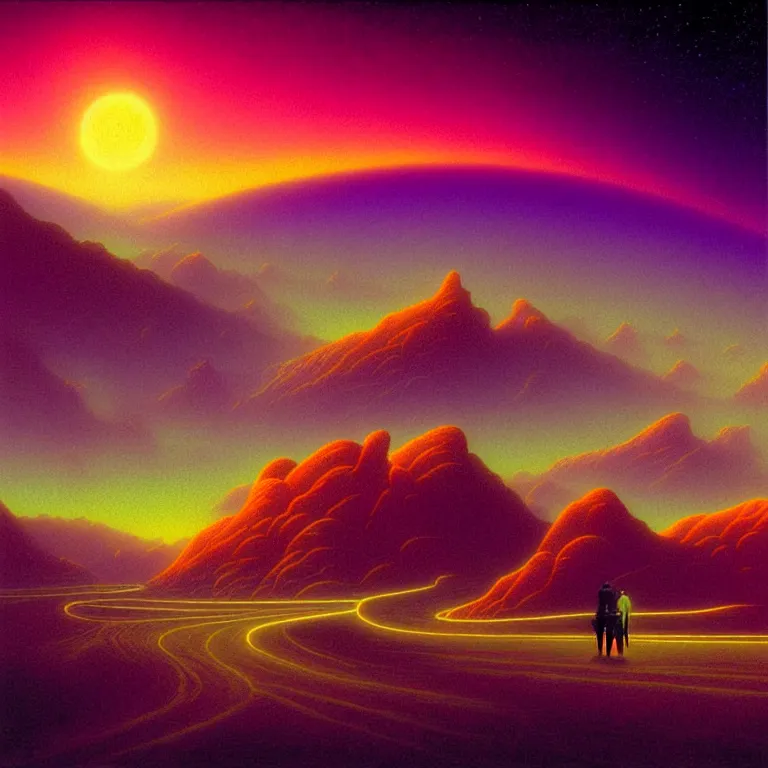 Image similar to astral travel mysterious desert canyon at night, infinite sky, synthwave, bright neon colors, highly detailed, cinematic, tim white, michael whelan, roger dean, bob eggleton, lisa frank, vladimir kush, kubrick, kimura, isono