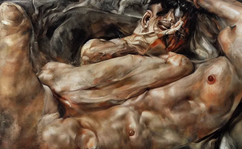 Image similar to high quality high detail painting by lucian freud and frank frazetta and jenny saville, hd, depressing, muted colors, cinematic