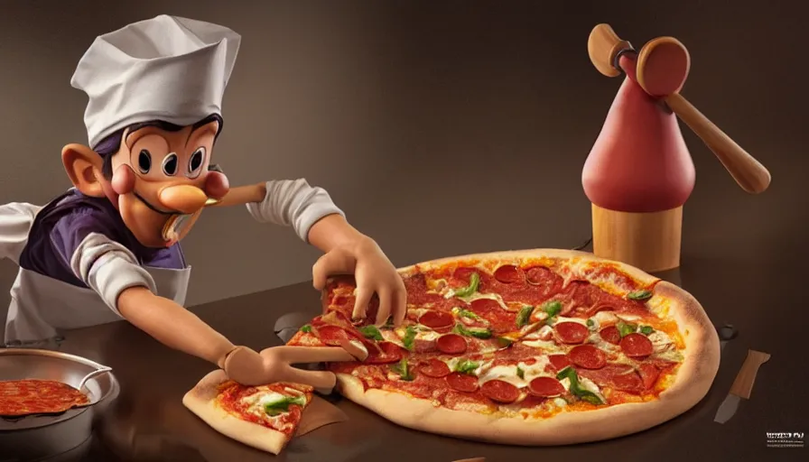 Image similar to pinocchio making pizza, photorealistic rendering. artstation, 4 k, hyperrealism