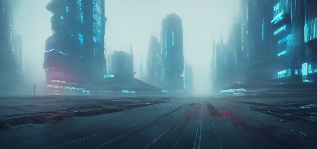 Prompt: view of an abandoned futuristic cyberpunk city at day, fog, blade runner 2 0 4 9, highway, empty, symmetry, cinematic lighting, ultra detailed, sharp, ambient occlusion, raytracing, by greg rutowski, paul chadeisson and jessica rossier