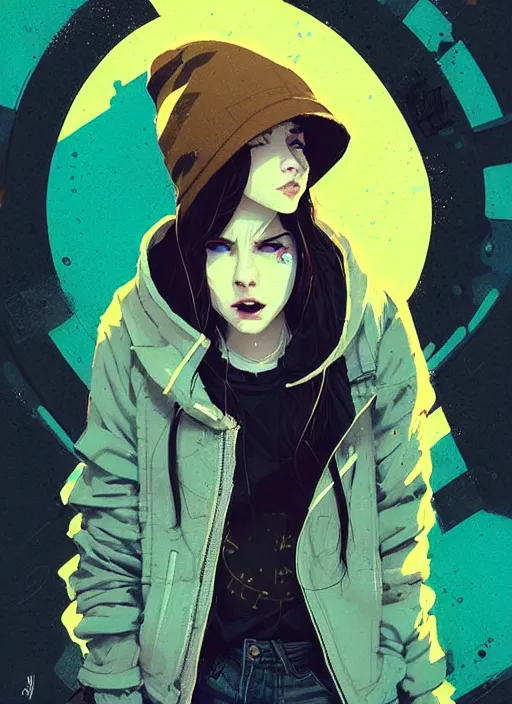 Prompt: highly detailed portrait of a sewerpunk pretty young adult lady, blue eyes, hoody, hat, by atey ghailan, by greg rutkowski, by greg, tocchini, by james gilleard, by joe fenton, by kaethe butcher, gradient yellow, black, brown and cyan color scheme, grunge aesthetic!!! ( ( graffiti tag street background ) )