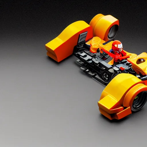 a bionicle driving a lego ferrari f1, photo realistic,, Stable Diffusion
