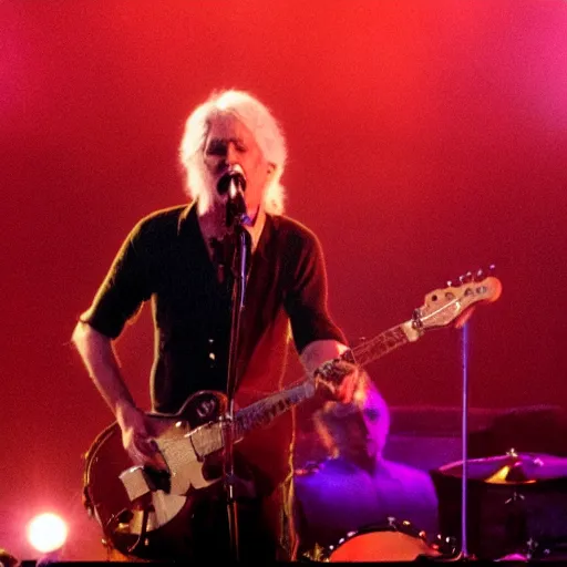 Prompt: Todd Howard performing on stage with Fleetwood Mac. Photojournalism, flash photography, concert photo, hyper realistic, dynamic lighting, god rays, smoke machine.