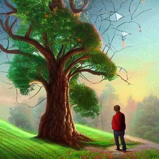 Prompt: “a cartoon giant standing next to a tree, in the style of Thomas Kinkade, trending on ArtStation”