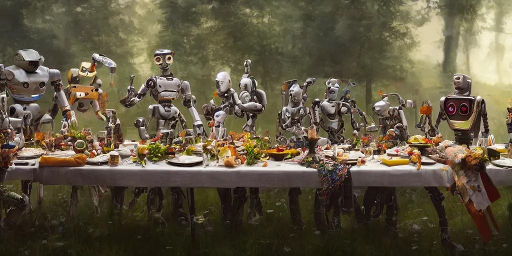 Image similar to a table dinner of robots where robots are dressed like the characters from the midsommar movie, cinematic, hyperdetailed, octane render, trending on art station, ultrarealistic