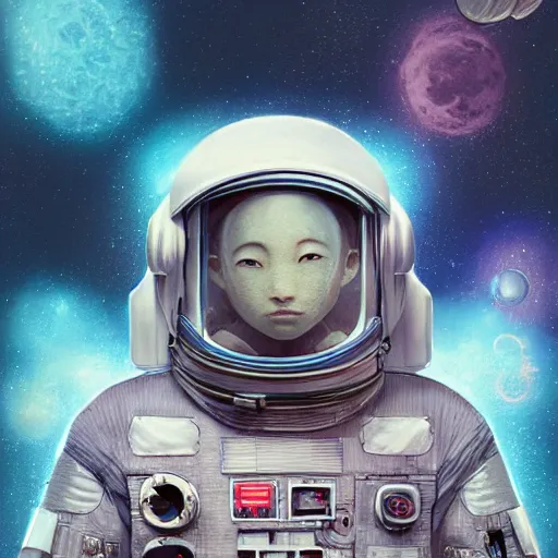 Image similar to intricate mechanical transformer astronaut portrait by yoshitomo nara, by beeple, by yoshitaka amano, by victo ngai, by shaun tan, by good smile company, on cg society, 4 k wallpaper, pastel color theme, mandelbulb textures