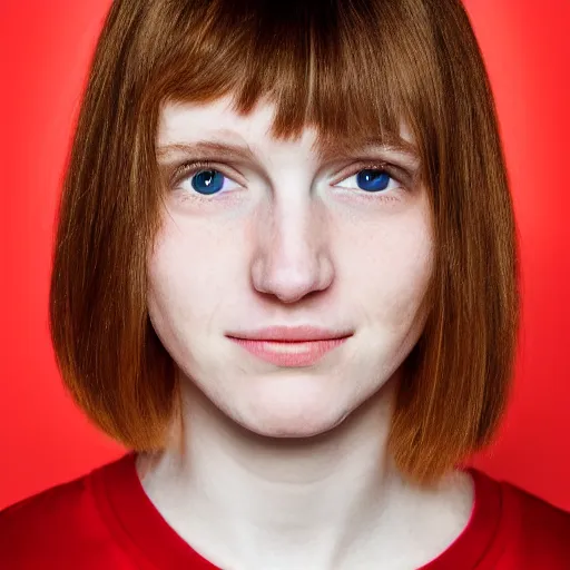 Image similar to an award winning close up portrait of face of cute 1 9 year old white woman with tired eyes, no makeup, strong jawline, skinny, short straight ginger hair in a bob style with no bangs, black t shirt, flash photography, photographed by terry richardson