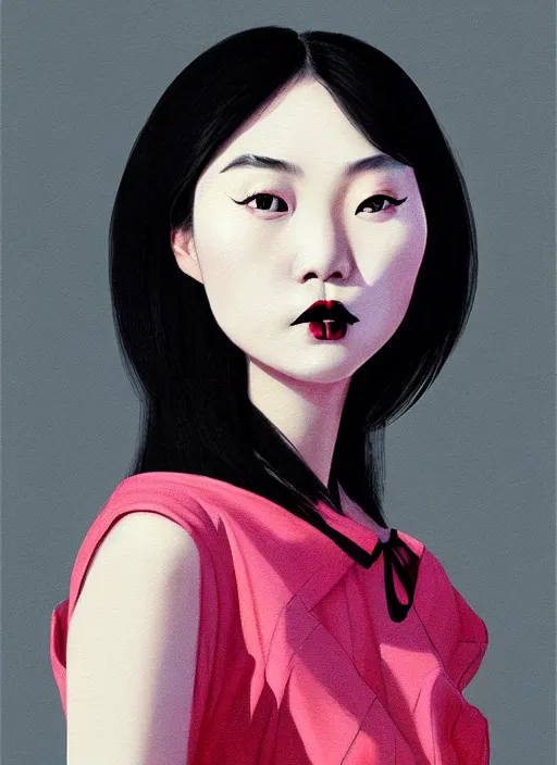 Image similar to portrait of a chinese woman with a crooked nose and a confident expression, 1 9 6 0 s, black clothes, goth, punk, brightly coloured hair, funk, intricate, elegant, highly detailed, digital painting, artstation, concept art, smooth, sharp focus, illustration, art by wlop, mars ravelo and greg rutkowski