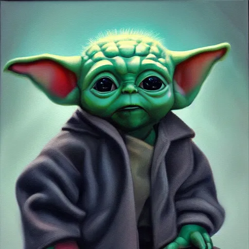 Image similar to a realistic oil painting of baby yoda as a cybernetic cyborg, surrealism portrait, surrealism album cover