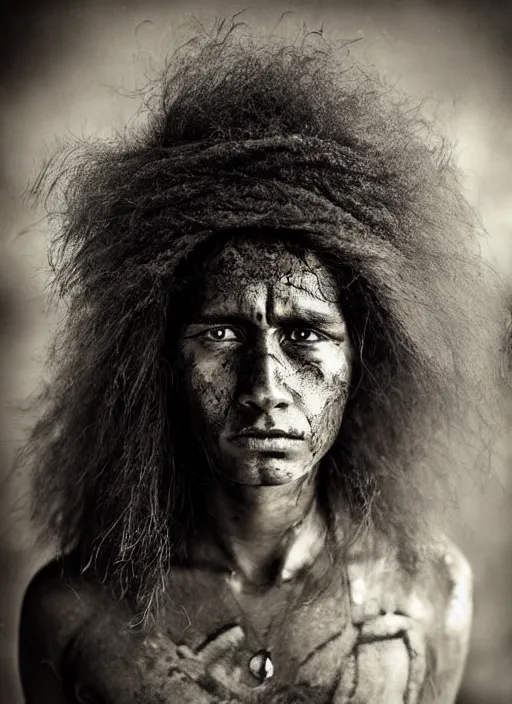 Image similar to Award winning Editorial photo of a Native Nauruans with incredible hair and beautiful hyper-detailed eyes wearing traditional garb by Lee Jeffries, 85mm ND 5, perfect lighting, gelatin silver process