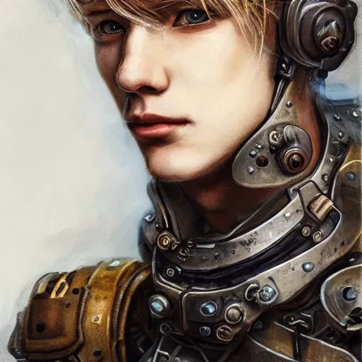 Prompt: portrait of a man by ayami kojima, norwegian, he is about 2 0 years old, blond short hair, tall and strong, older brother vibes, he is wearing a steampunk tactical gear, highly detailed portrait, digital painting, artstation, concept art, smooth, sharp foccus ilustration, artstation hq