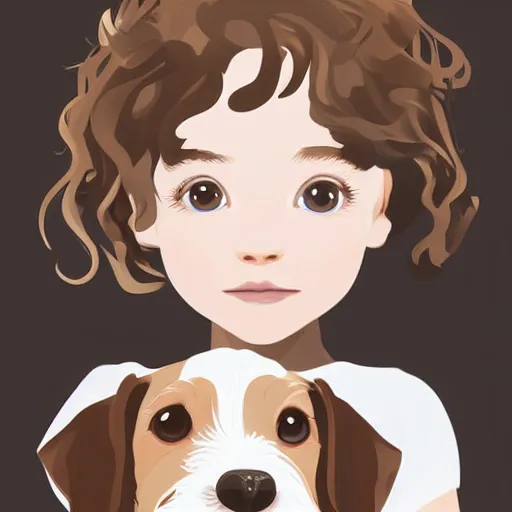 Prompt: a little girl with short wavy curly light brown hair with a wire haired jack russell terrier puppy, white with brown patches over both eyes. high detail. clean cel shaded vector art by lois van baarle, artgerm, helen huang, by makoto shinkai and ilya kuvshinov, rossdraws, illustration, art by ilya kuvshinov