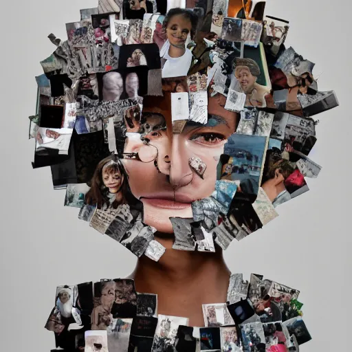 Image similar to a collage made out of fragments of printed images taken from online , fashion magazines, and family photographs all coming together to form hybrid faces with twisted features in the Dadaesque style, mixed media