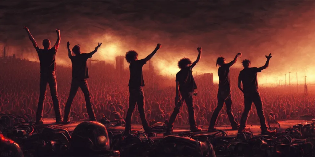 Image similar to concept art, of [ rage against the machine ] band memebers on a stage, front shot!!! humans fighting with robots behind!!, detailed, dark concept art, dark skies painting by wlop, nixeu and greg rutkowski, beautiful, semirealism, artstation, octane render, oil painting, sharpness, 8 k, golden ratio