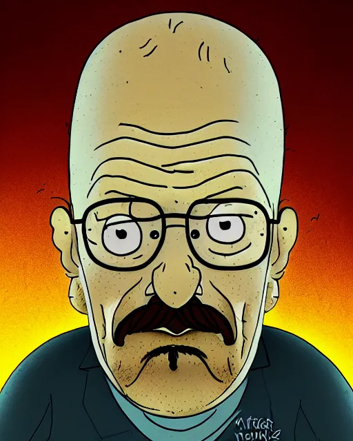 Image similar to portrait of walter white in the style of justin roiland. ugly, creepy, demonic, horror. cinematic lighting. style of rick & morty. photographic, photography. by justin roiland