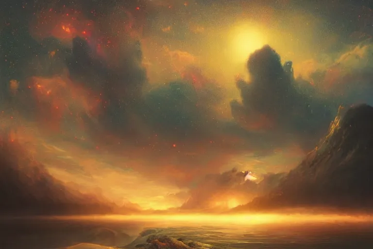 Prompt: digital painting of a vivid surreal landscape, hyper realistic, detailed, ruan jia, wlop, sha xi, fantasy, hyper detailed, sharp focus, depth of field, snining stars, galaxies, sunset, golden hour, octane render, trippy, ornaments, artstation, marie - gabrielle capet style, serene, peaceful