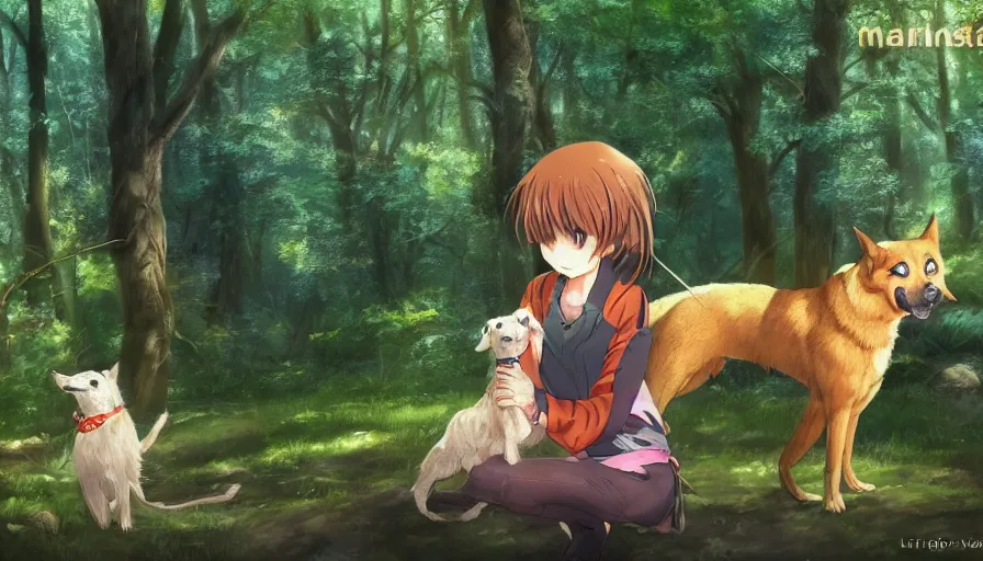 Prompt: Marin Kitagawa petting a dog. Beautiful anime lush forest background. Golden hour. Trending on art station