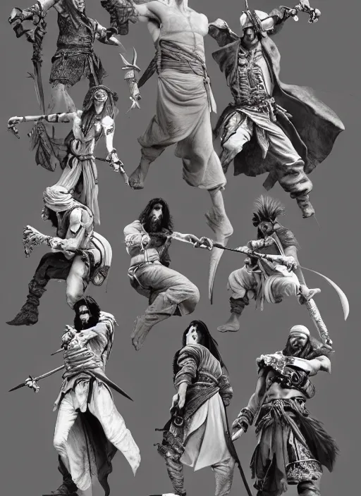 Image similar to detailed pencil spot illustrations of various character concepts from the prince of persia game and pirates of the caribbean movie, various poses, by burne hogarth, by bridgeman, by anthony ryder, by yoshitaka amano, by ruan jia, by conrad roset, by mucha, artstation, artstation.