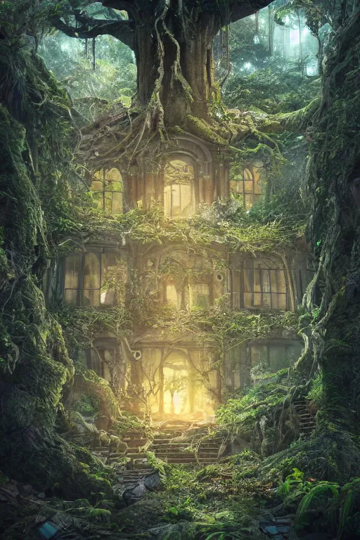Prompt: a decaying old library, a rainforest tree growing inside, magical glowing books flying, highly detailed, intricate detail, mystical lighting, dramatic scenery, beautiful 3 d rendering, octane render, trending on artstation