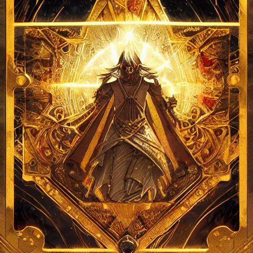 Prompt: a tarot card with symmetrically decorated edges in gold, fantasy art, in the style of greg rutkowski, illustration, epic, fantasy, cinematic, intricate, hyper detailed, artstation, concept art, smooth, sharp focus, ray tracing