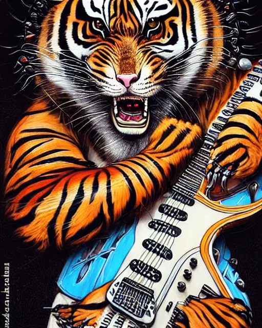 Prompt: a portrait of an anthropomorphic cyberpunk roaring tiger shredding an electric guitar as the guitar melts by sandra chevrier, by jon foster, detailed render, tape deck, epic composition, cybernetics, 4 k realistic, cryengine, realistic shaded lighting, sharp focus, masterpiece, by enki bilal