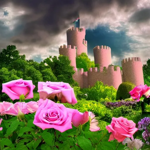 Prompt: Garden castle,Many flowers,A few roses,clouds, dramatic clouds above, pink,dreamy ultra wide shot, atmospheric, hyper realistic, 8k, epic composition, cinematic, octane render, artstation landscape vista photography by Carr Clifton & Galen Rowell, 16K resolution, Landscape veduta photo by Dustin Lefevre & tdraw, 8k resolution, detailed landscape painting by Ivan Shishkin, DeviantArt, Flickr, rendered in Enscape, Miyazaki, Nausicaa Ghibli, Breath of The Wild, 4k detailed post processing, artstation, rendering by octane, unreal engine