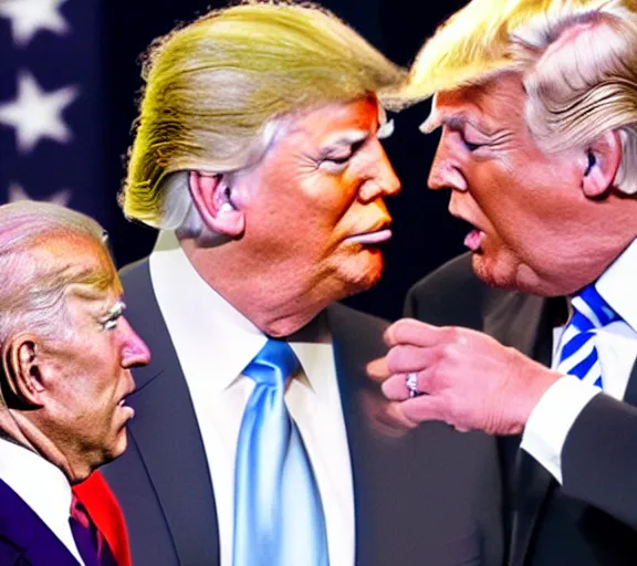 Image similar to photo of joe biden and donald trump kissing intimately as the puppetmaster pushes their heads together, hyperrealism