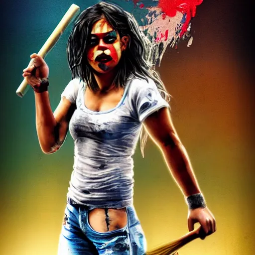 Prompt: a young Michelle Rodriguez dressed in tattered clothes, with red face paint in fighting pose holding a broom, wide full body, movie poster, realistic hyper detailed concept art