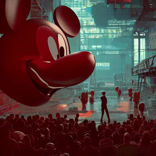 Prompt: a giant mickey mouse head, factory floor, surrounded by factory workers, octane render, cgstation, 3 d render, very detailed, mindblowing, blood and guts, gritty, cyberpunk, cinematic lighting, hyper realism, netflix logo